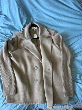 Splendid Taupe Rib-Sleeve Wool-Blend Peacoat